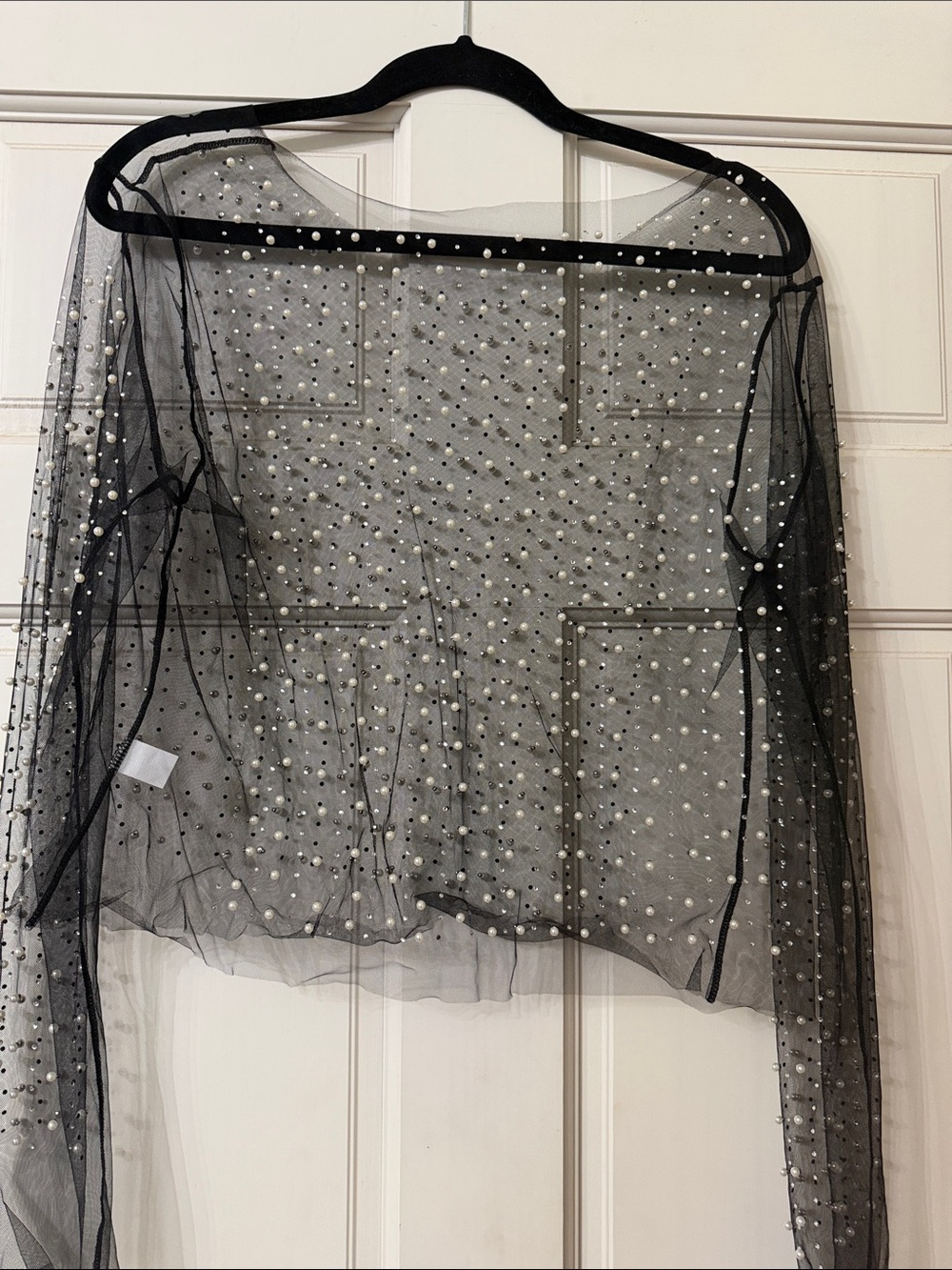 Sheer Black Pearl-Embellished Mesh Top